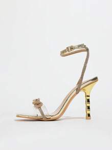Women's Clear Crystal Heel Sandals, Metal Pearl Rhinestone Decor Chunky High Heel Lace-Up Golden Sandals