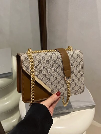 Mini trendig rutig axelväska med kontrastsömmar, axelväska med metallkedjerem, fyrkantig handväska, lämplig för shopping