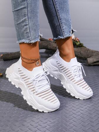 女式网眼透气厚底系带休闲运动鞋，加大码 36-43，春夏