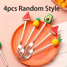 1/4pcs Cute Cartoon Fruit Forks Set, Stainless Steel, Assorted Colors, Perfect For Desserts And Cakes, Kitchen And Dining Utensils - Multicolor - View 7