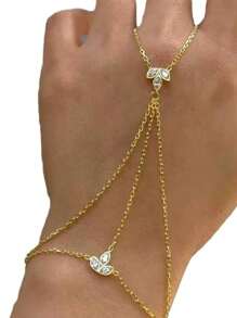 1pc Leaf Connecting Finger Chain Bracelet For Women, Minimalist Bohemian Design Rhinestone Hand Chain Jewelry