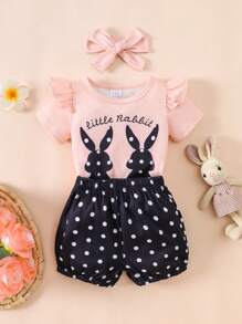 Zestaw 2 szt. Wiosna/Lato Dziewczynki Króliczek Sylwetka Polka Dot Cap Sleeve Letter Print Okrągły Dekolt Top I Czarne Spodenki Polka Dot, Z Różową Opaską Na Głowę - Różowy - Zobacz 3