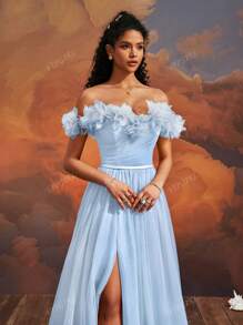 VIPGIRL SHEIN X Hannahelzahed Hannah Dreamy Blue Floral Off-Shoulder Tulle Ball Gown With High Slit, Corset Bodice, Princess Style Maxi Dress, Women Formal & Evening Dresses, Elegant Party Dress, For Wedding Guest