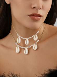 1pc Versatile Boho Style Faux Pearl & Seashell Pendant Necklace, Suitable For Men & Women Everyday Wear, Gorgeous Beach Jewelry Gift - Multicolor - View 2