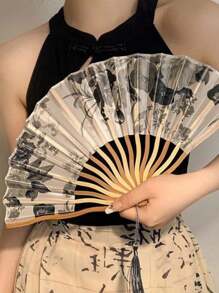 1 pieza Abanico plegable con estilo retro chino de pintura de tinta, abanico plegable clásico chino Hanfu, abanico de seda para danza, diseño de abanico aleatorio