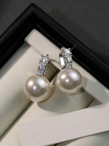 1 对女士 925 纯银珠宝人造珍珠耳环，带水钻，奢华复古人造珍珠设计耳钉，派对和生日礼物