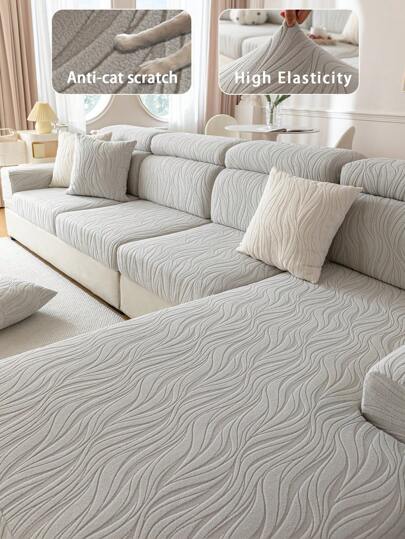 1pc Plush Sherpa Jacquard Anti-Slip Sofa Seat Cushion Cover, Soft & Skin-Friendly, Modern Minimalist Style, Pet-Friendly, Scratch-Resistant, Fits L-Shaped Combination Sofa & 1/2/3/4 Seat Sofa (Sold Individually)