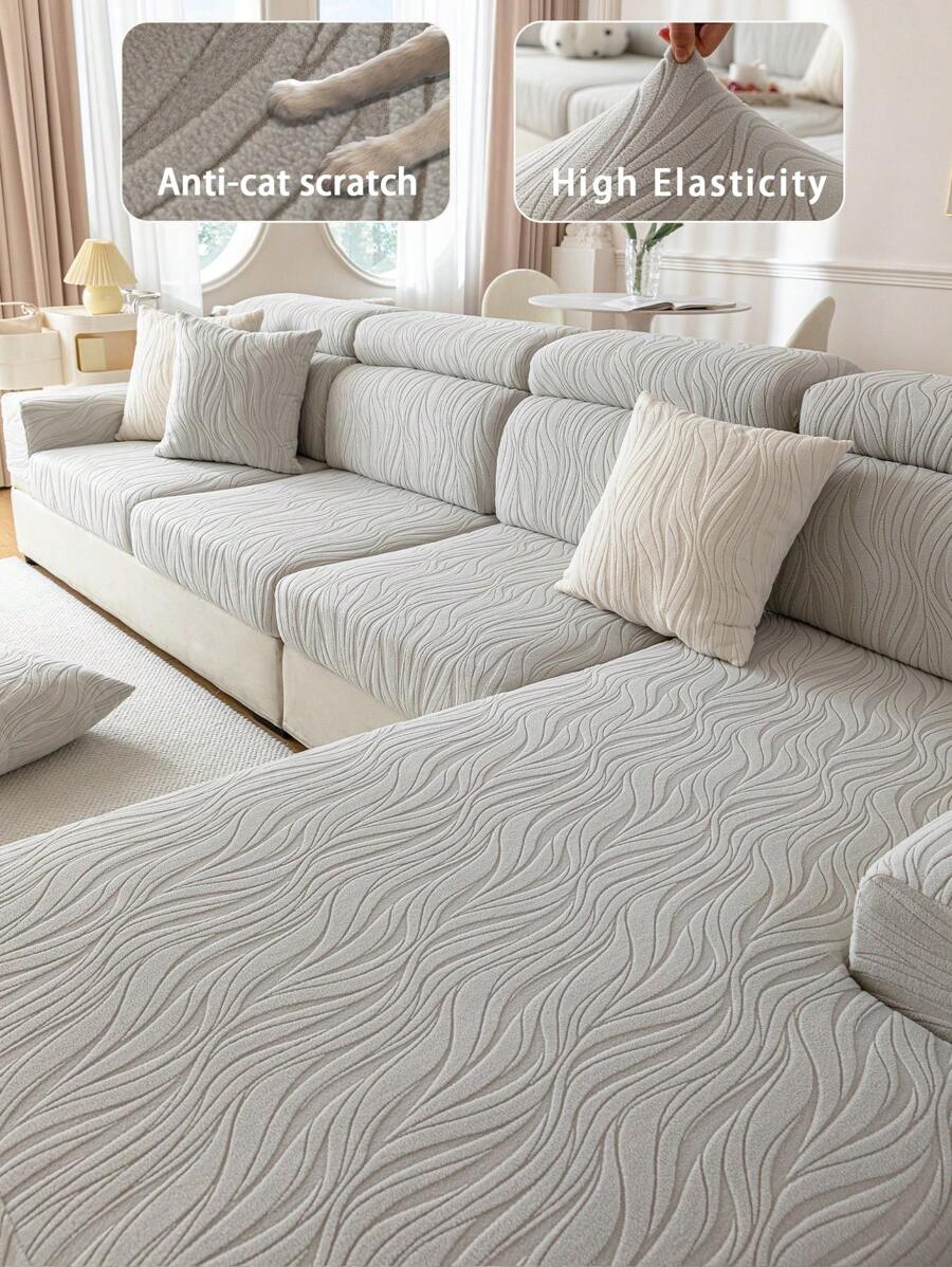 1pc Plush Sherpa Jacquard Anti-Slip Sofa Seat Cushion Cover, Soft & Skin-Friendly, Modern Minimalist Style, Pet-Friendly, Scratch-Resistant, Fits L-Shaped Combination Sofa & 1/2/3/4 Seat Sofa (Sold Individually) - Light Grey - View 1