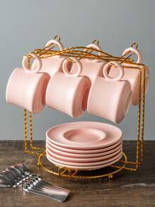 1 Set de 6 tazas de café de cerámica con platillos y cucharas, adecuadas para desayuno en el hogar, leche, café con leche en la oficina, tazas de jugo, como regalo para parejas, familia y amigos