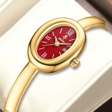 YaLaLuSi 1pc Ladies Elegant Style Quartz Watch Temperament Simple Golden Bracelet Style Ladies Watch Luxury Oval Dial Push Button Design Wear Suitable For Dress Party Daily Wear Gift For Women Valentine's Day Gift