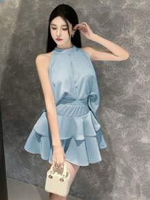 夏季女式两件套，无袖露背上衣和荷叶边下摆裙套装 - 藍色兩件套裝 - 查看 5