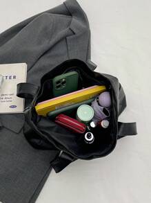 男女通用时尚PU皮革手提包，简约纯色，多功能肩背/腋下手提包，适合休闲、通勤、购物、旅行和上学/大学等场合，大容量女士手提包 - 黑色 - 查看 7