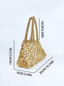 韩式个性镂空编织时尚手提包，手工珍珠装饰托特包腋下包，百搭