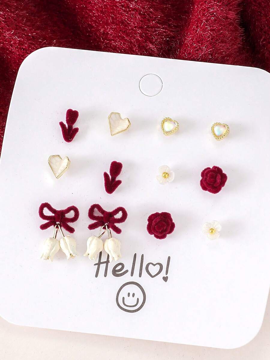 12pcs Fashion Elegant Bowknot & Flocked Flower Earring Set, Weekly Wear For Women, Autumn/Winter