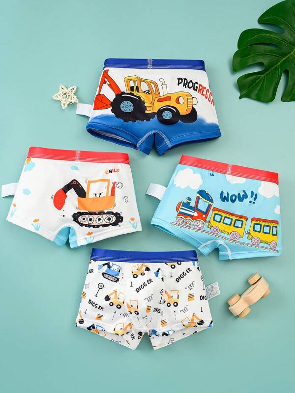 4pcs/Set Young Boy New Blue Engineering Truck Print Boxers, Kids Underwear Shorts Set