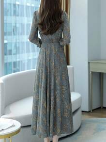 Women's V-Neck Leaf Print Dress, Long Sleeved Waist Cinched Lace Up Dress, Elegant And Slimming Dress, Women's Versatile And Comfortable Dress For All Seasons, Women's Dress