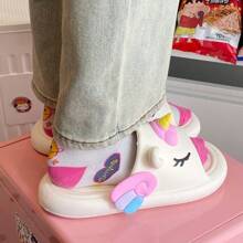 Damskie sandały na koturnie z antypoślizgową podeszwą, urocze kreskówkowe jednorożce EVA w jednolitym kolorze, modne codzienne kapcie na wysokim obcasie, gruba podeszwa do domu i biura, plaża, otwarte palce, wsuwane buty na lato