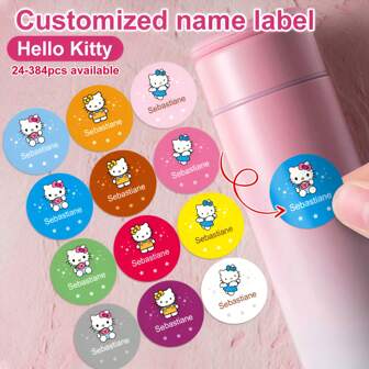  Pegatinas personalizadas impermeables con el nombre de Hello Kitty de Sanrio - Etiquetas personalizables para viajes, oficina y organización del hogar, y pegatinas funcionales con colores brillantes, 3 cm, impresión gráfica, hogar y vida, decora tu hogar, etiquetas personalizadas