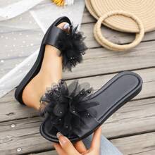 Women's Platform Slide Sandals With Lace Flower & Faux Pearl Decor, Strap , Extra Soft Sole, Comfortable Cloud-Like Feel, Anti-Slip Bathroom/Beach Slippers