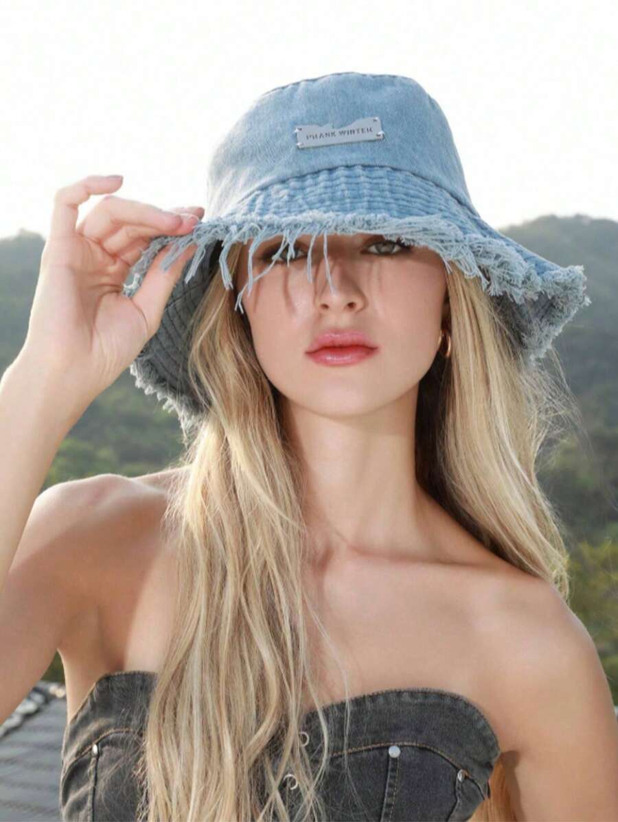 夏季男女通用流苏水洗牛仔渔夫帽女士时尚宽边可折叠巴拿马帽户外沙滩渔夫帽 - 牛仔帽 - 查看 1