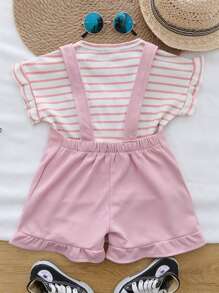 女宝宝夏季条纹吊带裤短袖短裤套装 - 粉色 - 查看 2