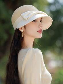 1 Peça Chapéu Balde de Abas Largas com Decoração de Laço, Nova Primavera Feminina, Top Trançado, Chapéu de Sol Grande e Respirável, Chapéu Floppy Elegante para Estilo de Senhora, Adequado para Uso Diário de Primavera e Verão, Caminhada, Compras, Viagem