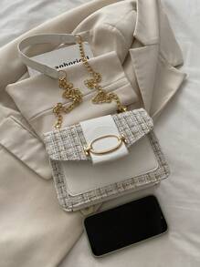 Versatile Plaid Pattern Flap Chain Square Bag - White - View 3