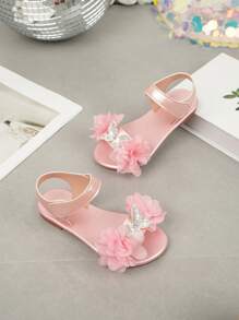 1 双女童夏季平底凉鞋，大蝴蝶结设计软底休闲沙滩鞋，时尚粉色公主鞋 - 粉色 - 查看 4