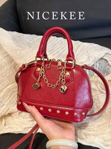 Simple Solid Color Niche Design Dice Chain Pendant Decorative Handbag, Exquisite Small Portable Practical Daily Versatile Lipstick Bag, Rivet Decoration Sweet Cool Hot Girl Adjustable Shoulder Strap Crossbody Bag, Suitable For Dating Shopping Outing Storage Mobile Phone Lipstick Change