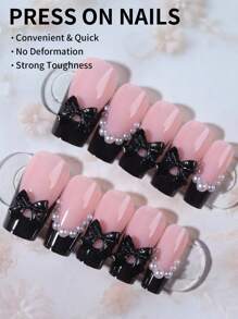 24Pcs/Set Long Square Acrylic Press On Nails Black Bow With Pearl Fit Perfectly Design French Long Coffin False Nail,Contain 1pc Jelly Glue And 1pc Nail File,French Tip Nails For Woman & Girl For Daily Wear And Party Use