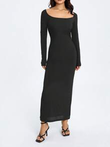 Women Long Bodycon Dress Solid Color Knitted Ribbed Square Neck Long Sleeve Dress Spring Fall Party Club Skinny Dress - Black - View 5
