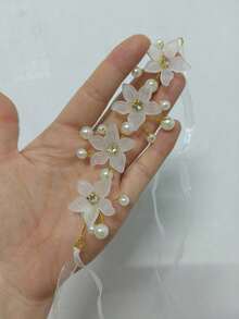 1 件女士浪漫白兰花腕花手链，带珠子，新娘腕带，钻石，伴娘腕花，适用于花园派对、婚礼、日常佩戴 - 白色 - 查看 4