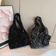 2 pièces Ensemble comprenant un porte-monnaie, un grand cabas pailleté de mode à capacité élevée, un sac à main d'épaule, pailleté brillant tout autour, sac fourre-tout pour l'extérieur/les courses, grand sac à main, style de rue Y2K, pochette de soirée