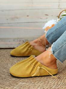 2025 Autumn New Classic Lace-Up Round Toe Comfortable Fashion Casual Versatile Soft Sole Flat Shoes,Mule - Yellow - View 7