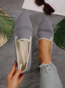 女士尖头一脚蹬乐福鞋，复古艺术大码休闲鞋，软底软面，舒适平底老奶奶鞋 - 藍色 - 查看 1