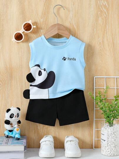 2pcs Baby Boys' Sleeveless Crew Neck Cute Panda Print Solid Color Shorts Set, Suitable For Daily Outings In Summer