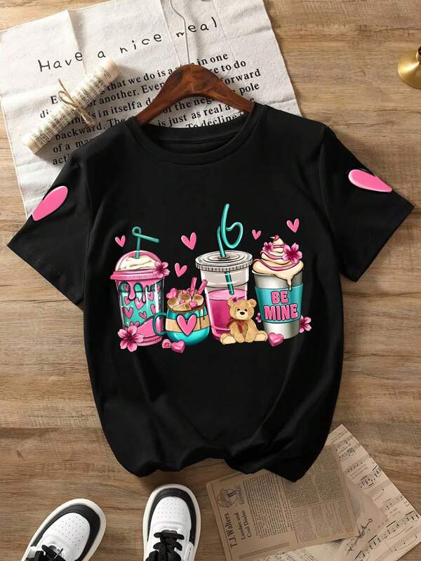 Tween Girl Dessert And Heart Print Crew Neck T-Shirts Summer Girl's Casual Tee Soft Tops,Providing A Comfortable, Fashionable, And Casual Top For Young Girls/Tween Girls/Teen Girls