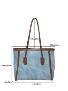 1 件蓝色时尚撞色大容量 PU 女士手提包，含毛绒装饰