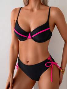 Women's Contrasting Solid Color Patch Steel Holder Bikini Two Pieces Set, Suitable For Summer Island Vacation Swimming - Black - View 1