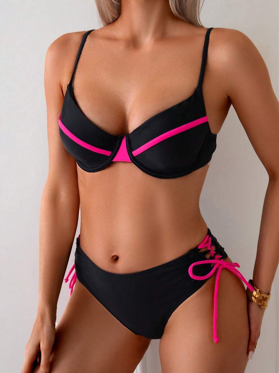 Women's Contrasting Solid Color Patch Steel Holder Bikini Two Pieces Set, Suitable For Summer Island Vacation Swimming - Black - View 1