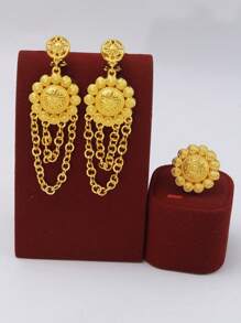 Set de joyería vintage de 5 piezas, de aleación de cobre chapado en oro de 24K, con un estilo exagerado que incluye collar, aretes y anillo, adecuado para mujeres, especialmente para bodas, fiestas y ocasiones de Ramadán