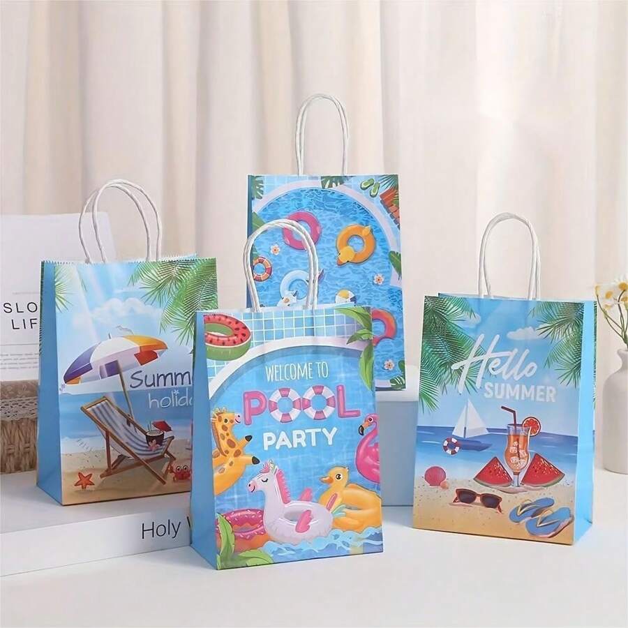 16 件装夏日酷炫派对礼品袋沙滩生日派对礼品袋夏日派对礼品袋糖果衣服牛皮纸印刷袋 - 彩色 - 查看 1