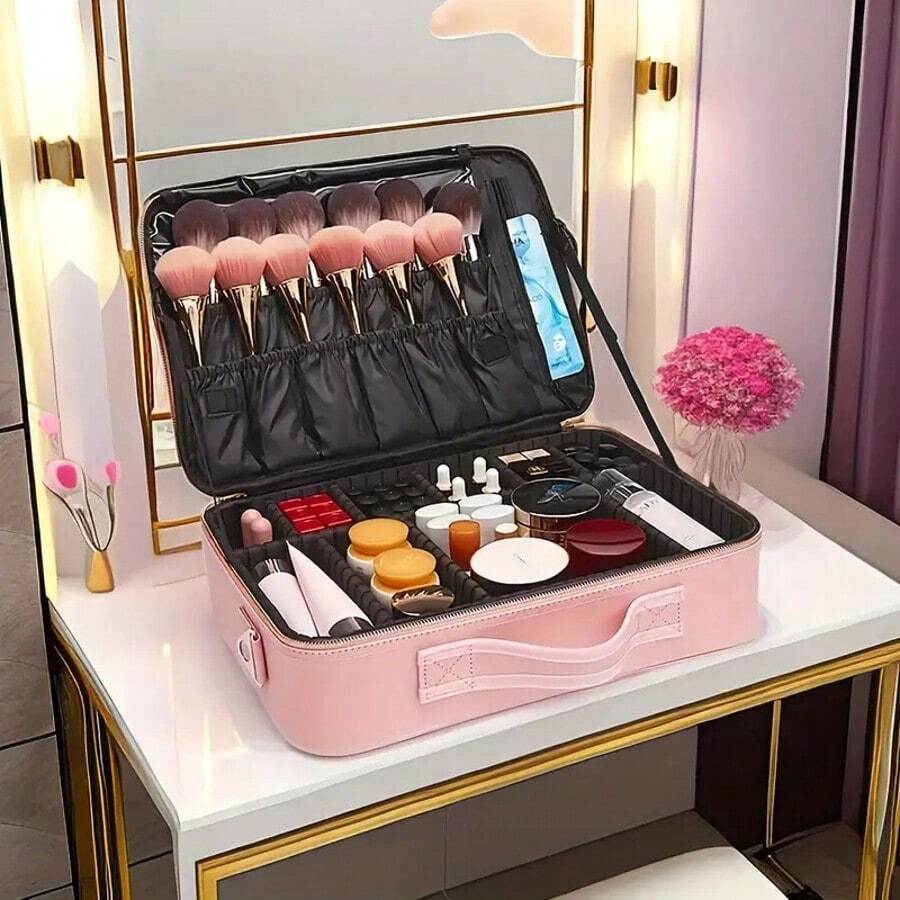 Pink PU Leather Portable Multi-Compartment Makeup Case, Makeup Artist Manicure Tool Handle Box, Perfect Travel Cosmetic Storage Container - Pink - View 1