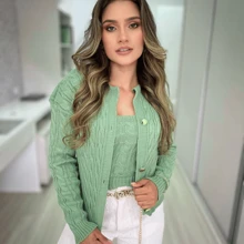 Winter Braided Coat And Tank Top - 3 Button Knit Twin Set - Knit Set - Mint Green - View 2