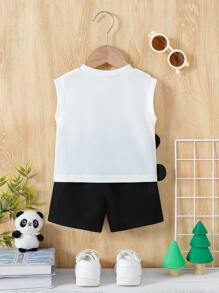 2pcs Baby Boys' Sleeveless Crew Neck Cute Panda Print Top And Solid Color Shorts Set, Suitable For Daily Outings In Summer - White - View 2