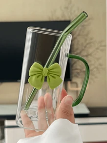 1 Stück (350ml/11,83 oz) quadratischer Glas-Becher mit Schleifenhenkel, klassische Tasse, Teeglas, Saftglas, Kaffeetasse, Milchglas, Wasserglas, Fruchtglas, Suppentasse, geeignet für Küche, Esszimmer, Party, Halloween, Gartenparty, Schulbedarf