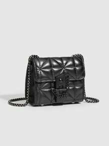 Unique Design Solid Color Mini Square Bag For Women, Commute & Daily Use, Quilted Chain Crossbody Bag - Black - View 3