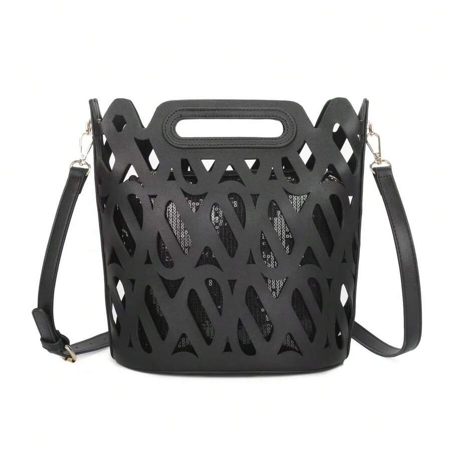 Borsa a tracolla casual da donna con inserto traforato - nero - Visualizzare 1