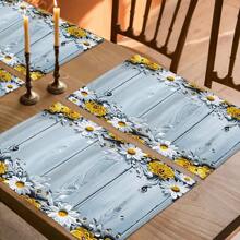 4pcs/Set Wood Grain & Floral Print Linen Placemats - Woven Linen Rectangle Tablemats For Dining, Kitchen - Anti-Slip & Heat Resistant Placemats For Coffee Table, Dinner Table Decor