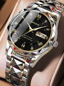 1pc Men's Stainless Steel Band Calendar Week Luminous Business Casual Quartz Wrist Watch - Multicolor - View 1